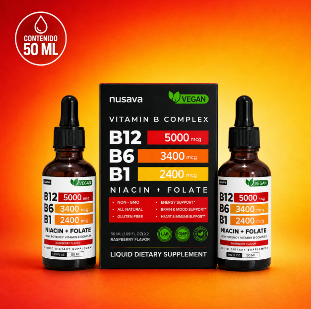Nusava Complejo B liquido, 2 frascos de 50 ML sabor frambuesa