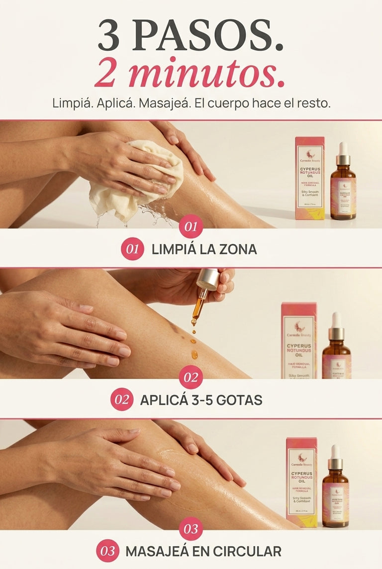 3 pasos en 2 minutos — limpiá, aplicá, masajeá