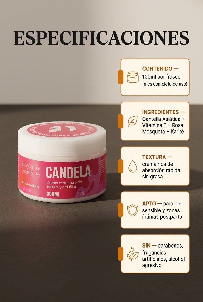 Especificaciones — 100ml por frasco, ingredientes naturales, sin parabenos